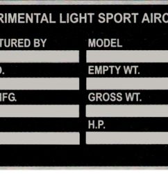 Experimental Light aircraft VIN Plate